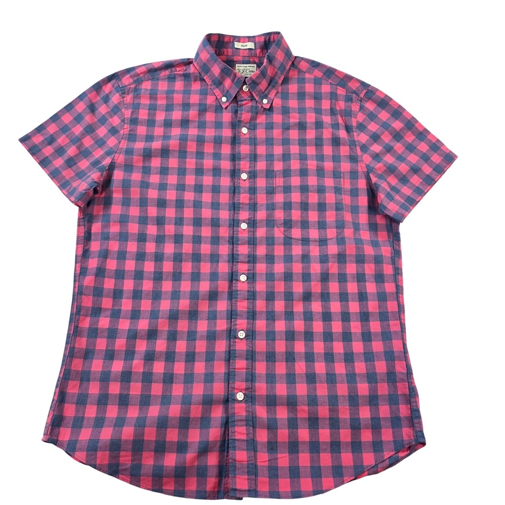 J.Crew Secret Wash Stretch Gingham Shirt Pink Navy M Mens Slim L4011